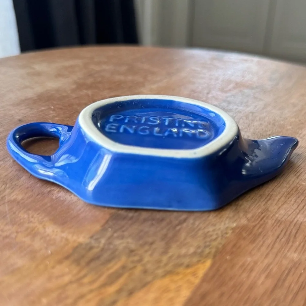 Vintage Pristine Pottery England Cobalt Blue Teapot Shaped Tea Bag Holder